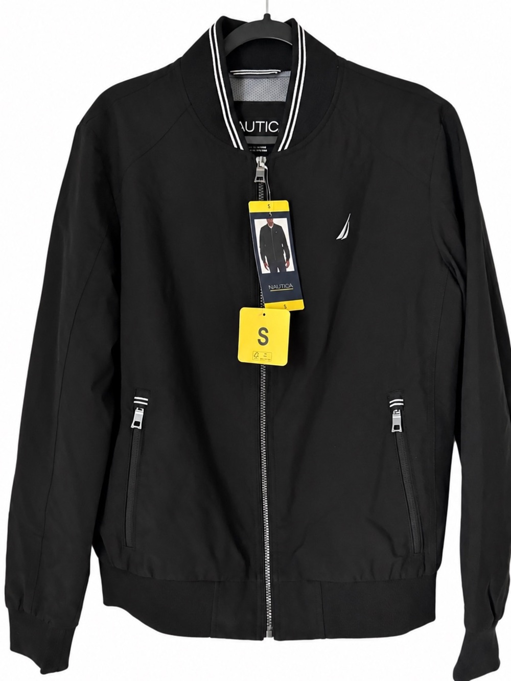 NWT Nautica Mens Black Bomber Full Zip Jacket Water Wind Resistant Stretch S